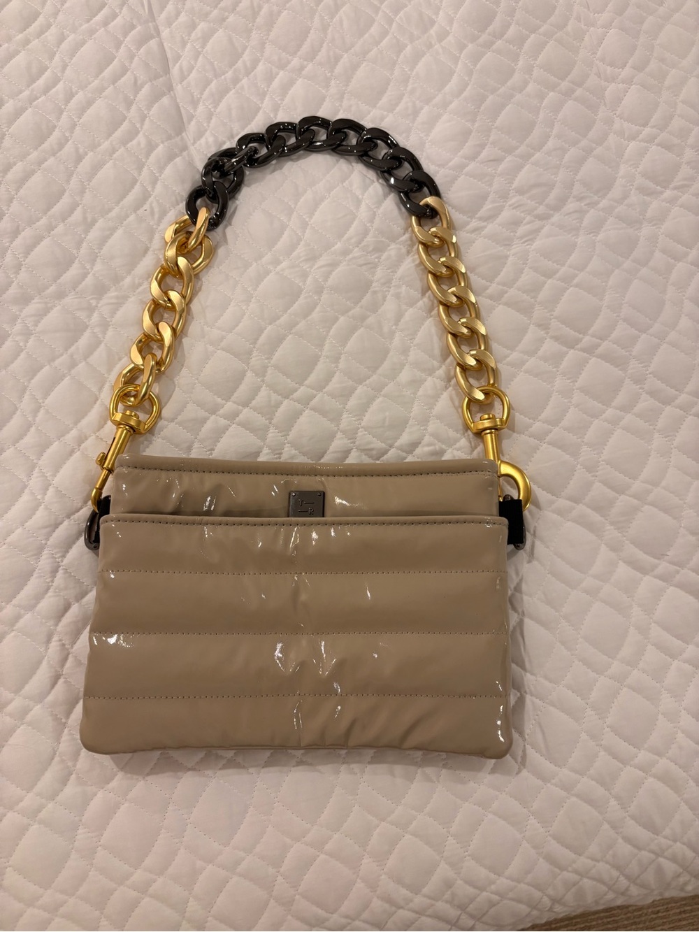 THINK ROYLN Beige Patent Quilted Crossbody with Gold & Black Chain